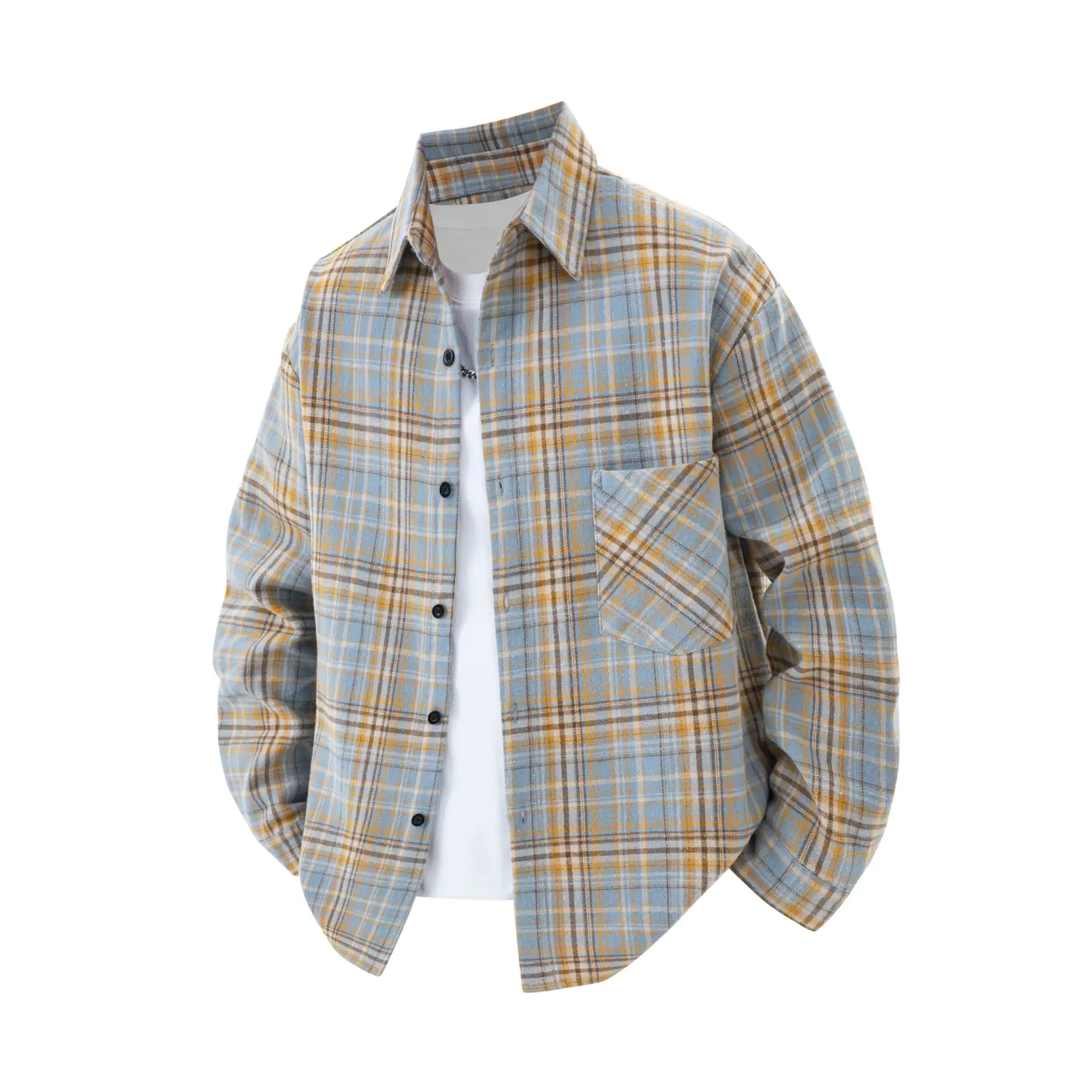MannerCo sky blue plaid lapel shirt long sleeve relaxed fit open front product display