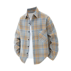 MannerCo sky blue plaid lapel shirt long sleeve relaxed fit open front product display