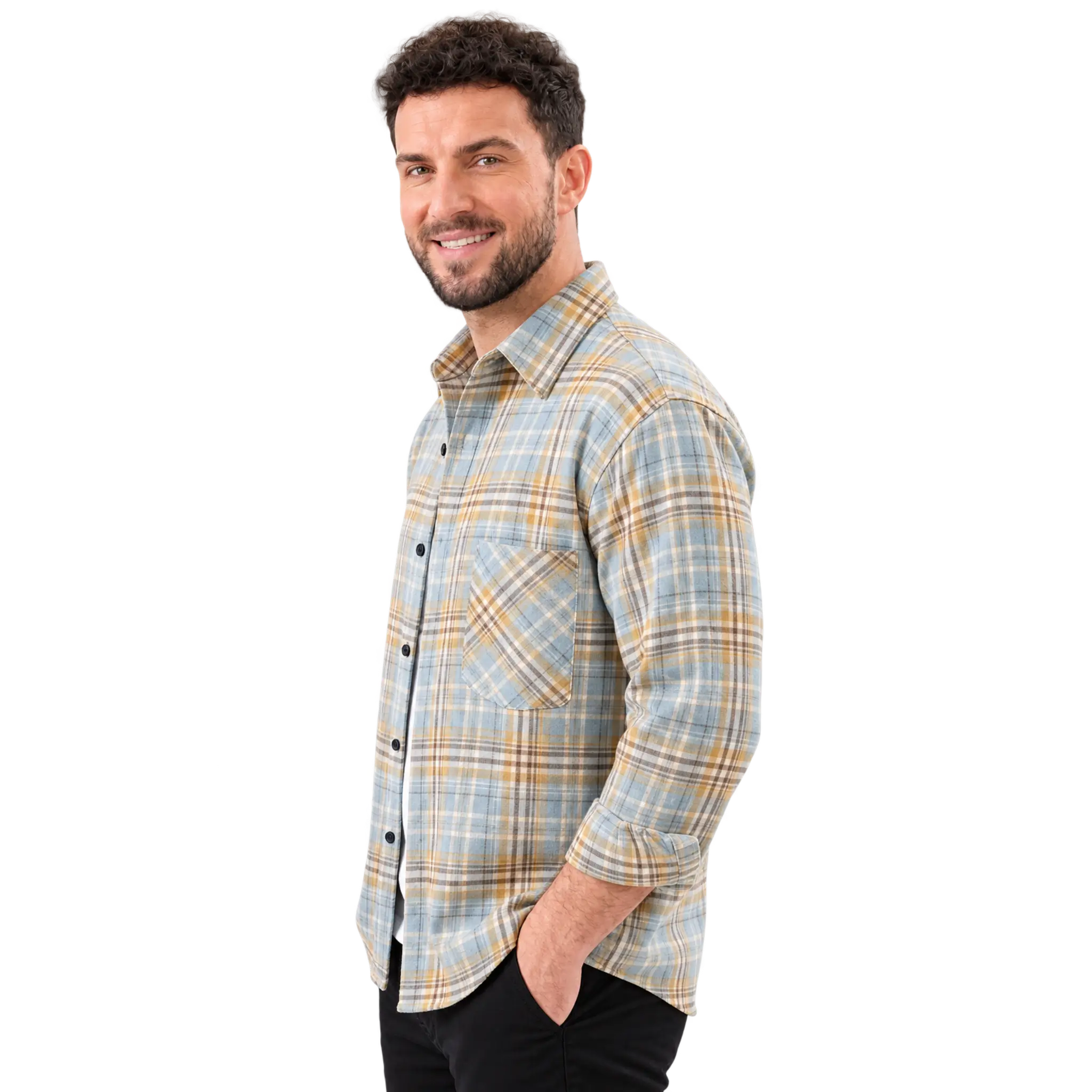 MannerCo sky blue plaid flannel shirt side view long sleeve relaxed fit with chest pocket