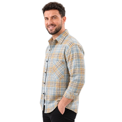 MannerCo sky blue plaid flannel shirt side view long sleeve relaxed fit with chest pocket