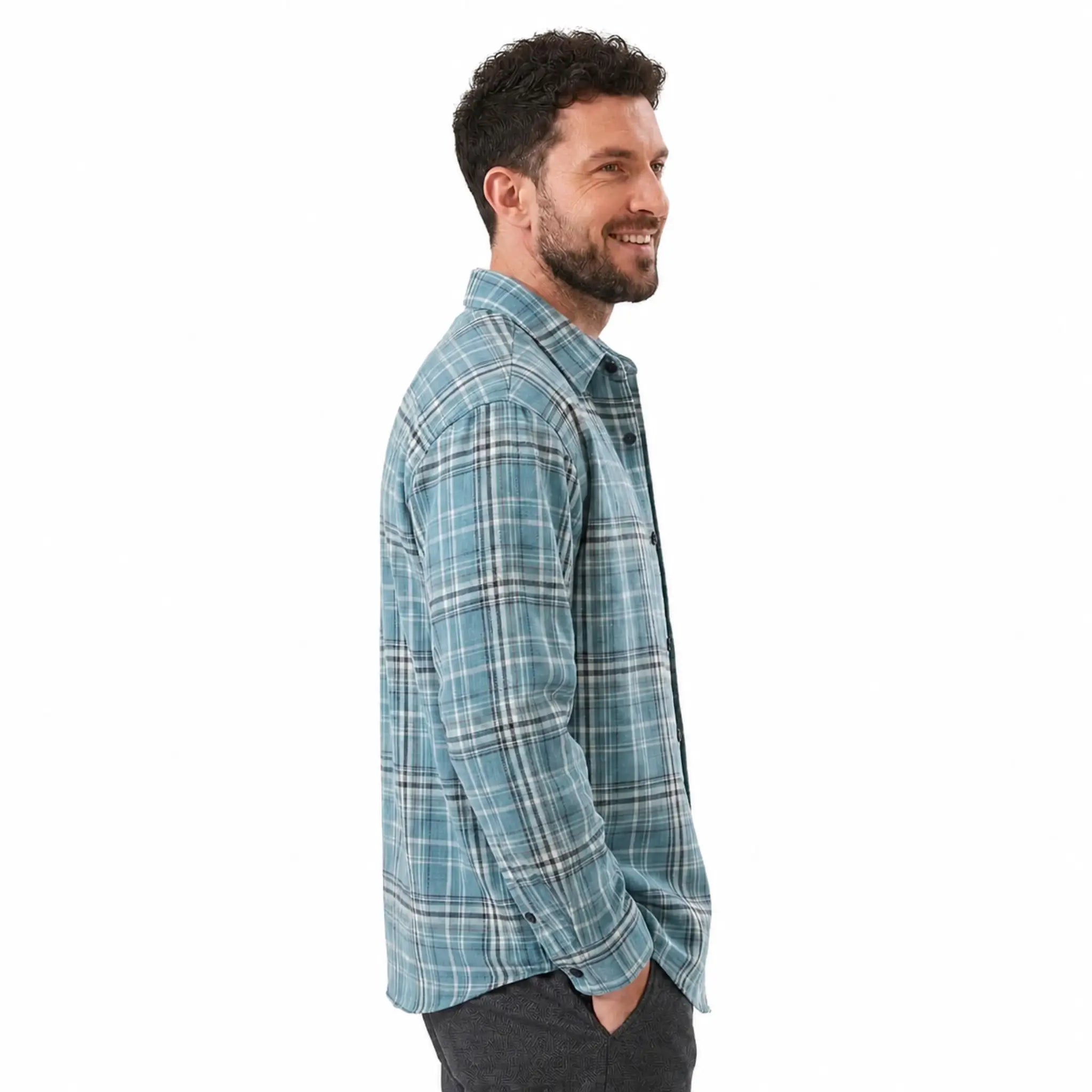 MannerCo sky blue plaid flannel shirt side view long sleeves relaxed fit