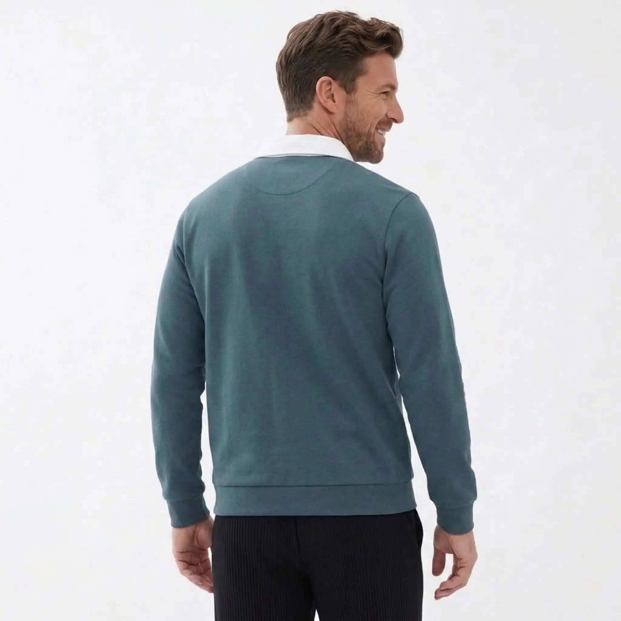 MannerCo sky blue polo collar hoodie back view loose fit with ribbed hem and cuffs