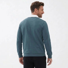 MannerCo sky blue polo collar hoodie back view loose fit with ribbed hem and cuffs