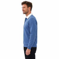 MannerCo sky blue polo collar hoodie side view with white collar and button closure on male model
