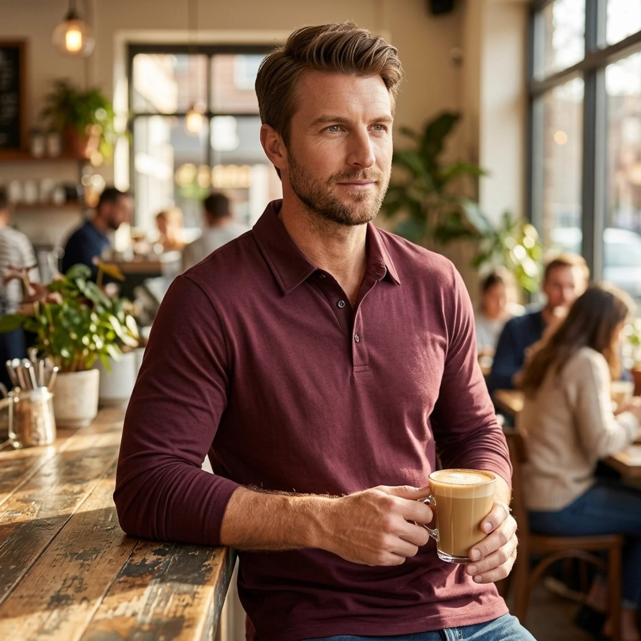 Man wearing a sky blue solid long sleeve cotton polo shirt front view on plain background