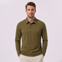 Man wearing sky blue solid long sleeve cotton polo shirt in outdoor lifestyle setting