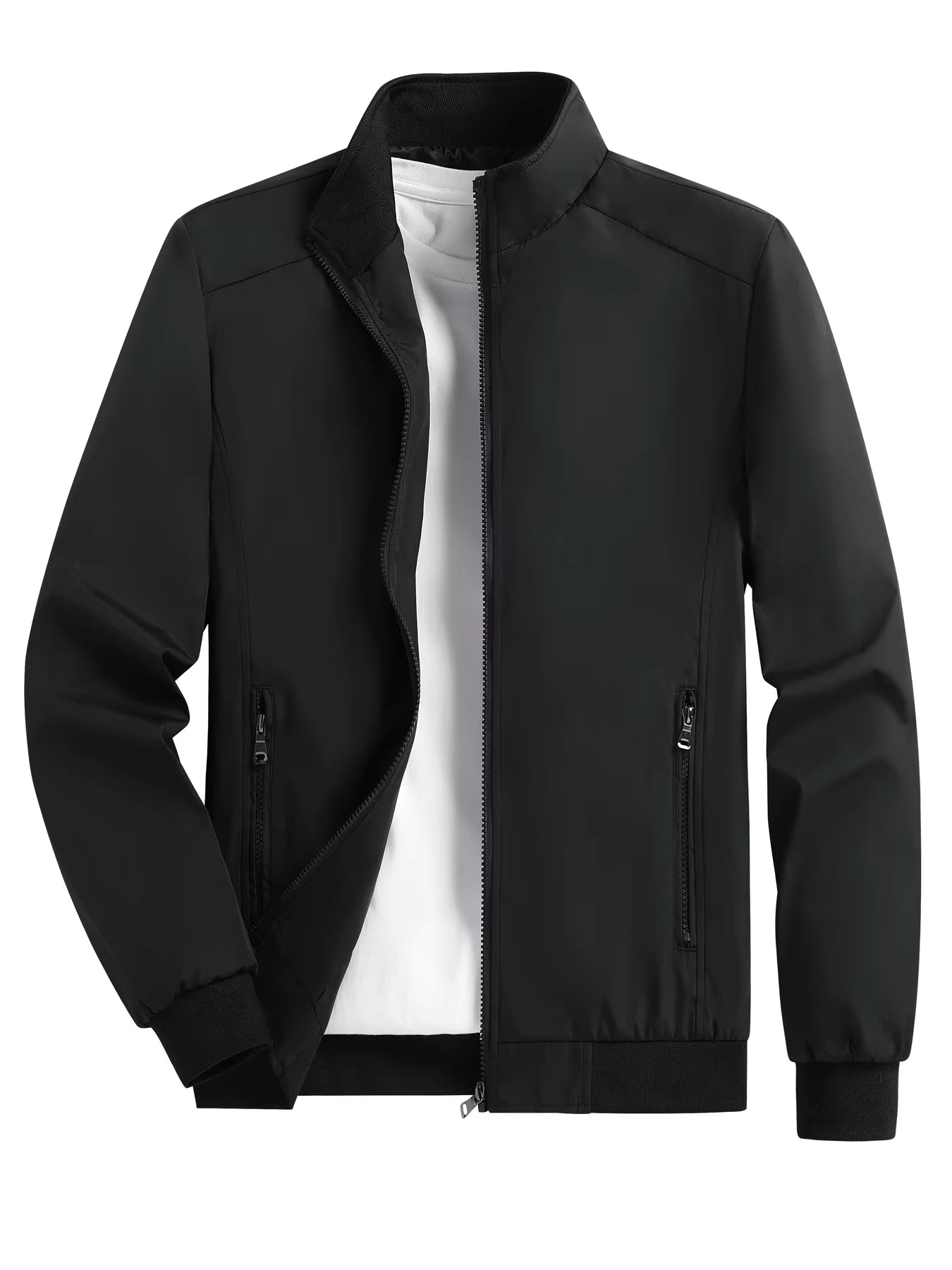 Men's Spring and Autumn Thin Casual Jacket Solid Color Stand Collar Cardigan Jacket Men's Outdoor Sports Casual Versatile Top in Black