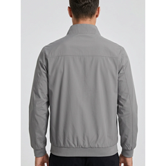 MannerCo gray stand collar zip-up cardigan jacket back view on plain background