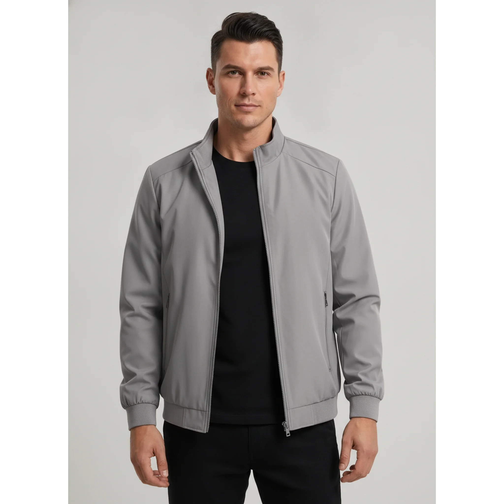 Man wearing MannerCo gray stand collar zip-up cardigan jacket, front view on plain background