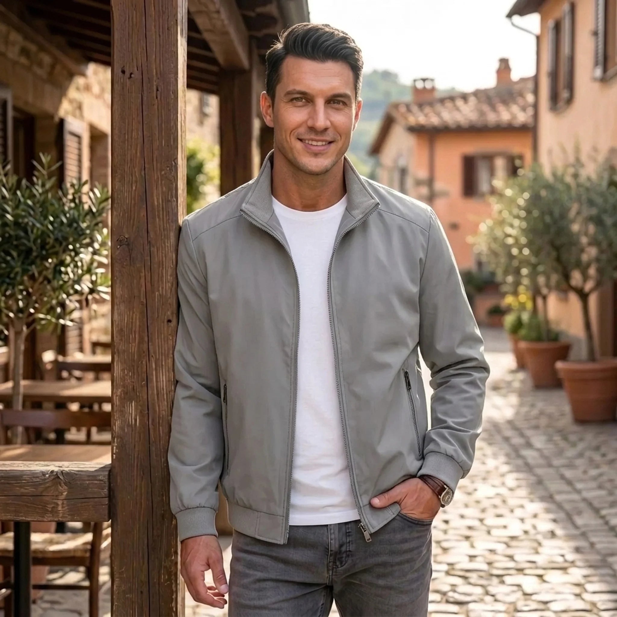 Man wearing MannerCo gray stand collar zip-up cardigan jacket in outdoor lifestyle setting