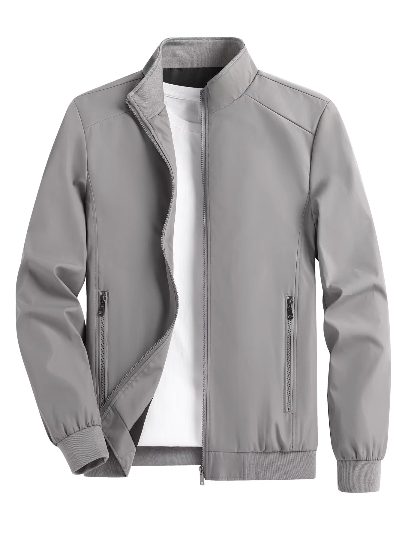 Men's Spring and Autumn Thin Casual Jacket Solid Color Stand Collar Cardigan Jacket Men's Outdoor Sports Casual Versatile Top in Gray