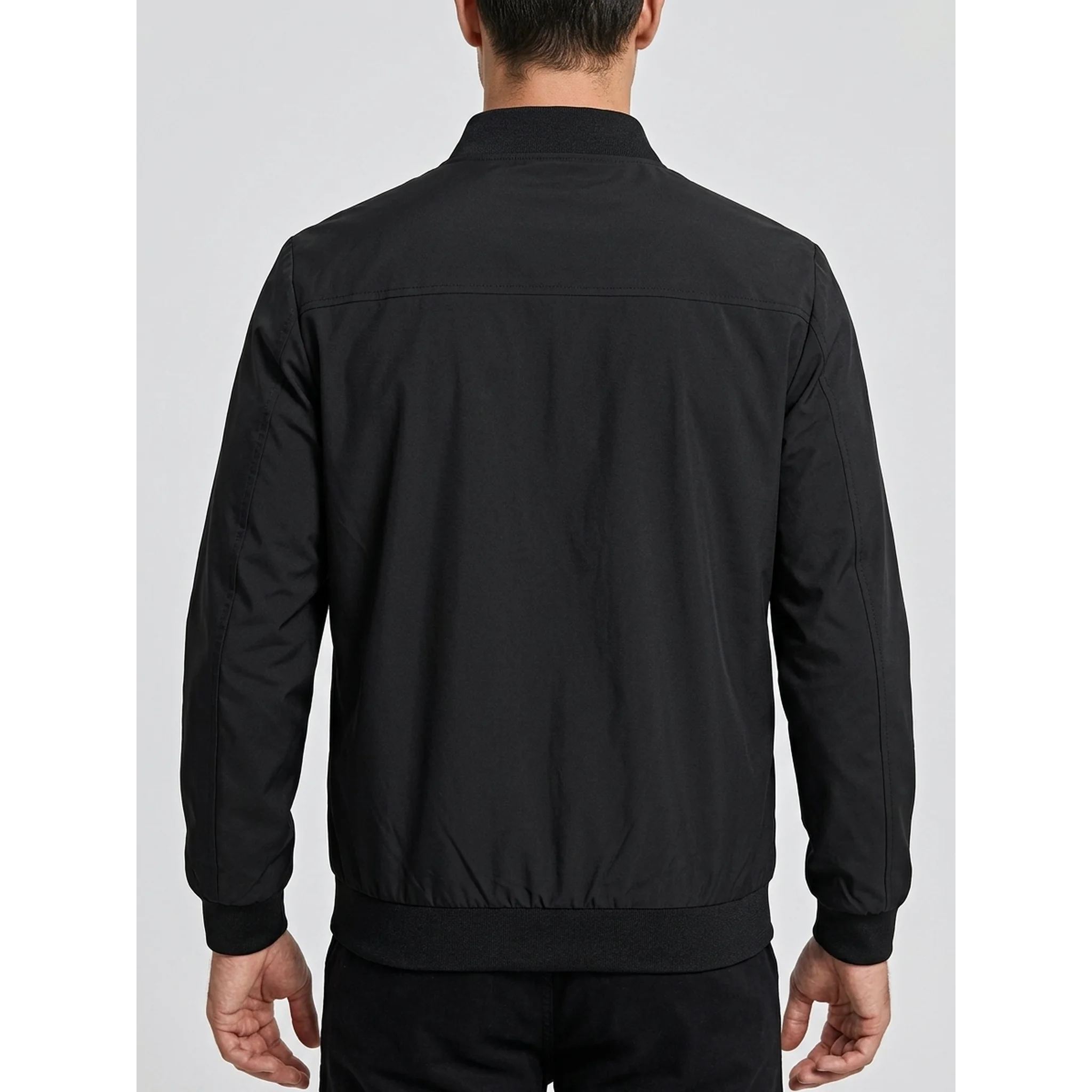 MannerCo navy blue stand collar zip-up cardigan jacket back view on plain background