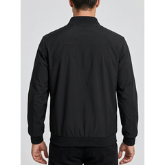 MannerCo navy blue stand collar zip-up cardigan jacket back view on plain background