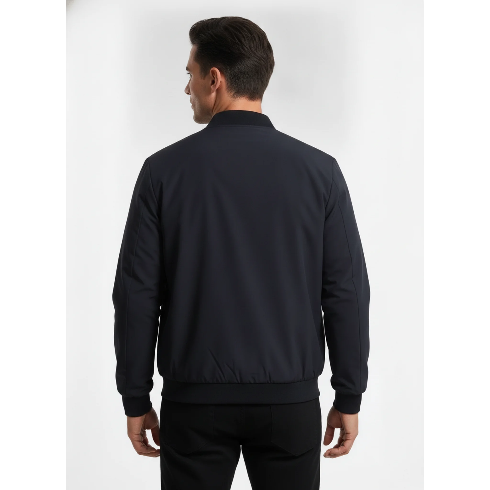 MannerCo navy blue stand collar zip-up cardigan jacket back view on plain background
