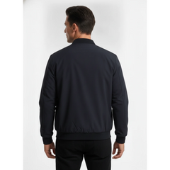 MannerCo navy blue stand collar zip-up cardigan jacket back view on plain background