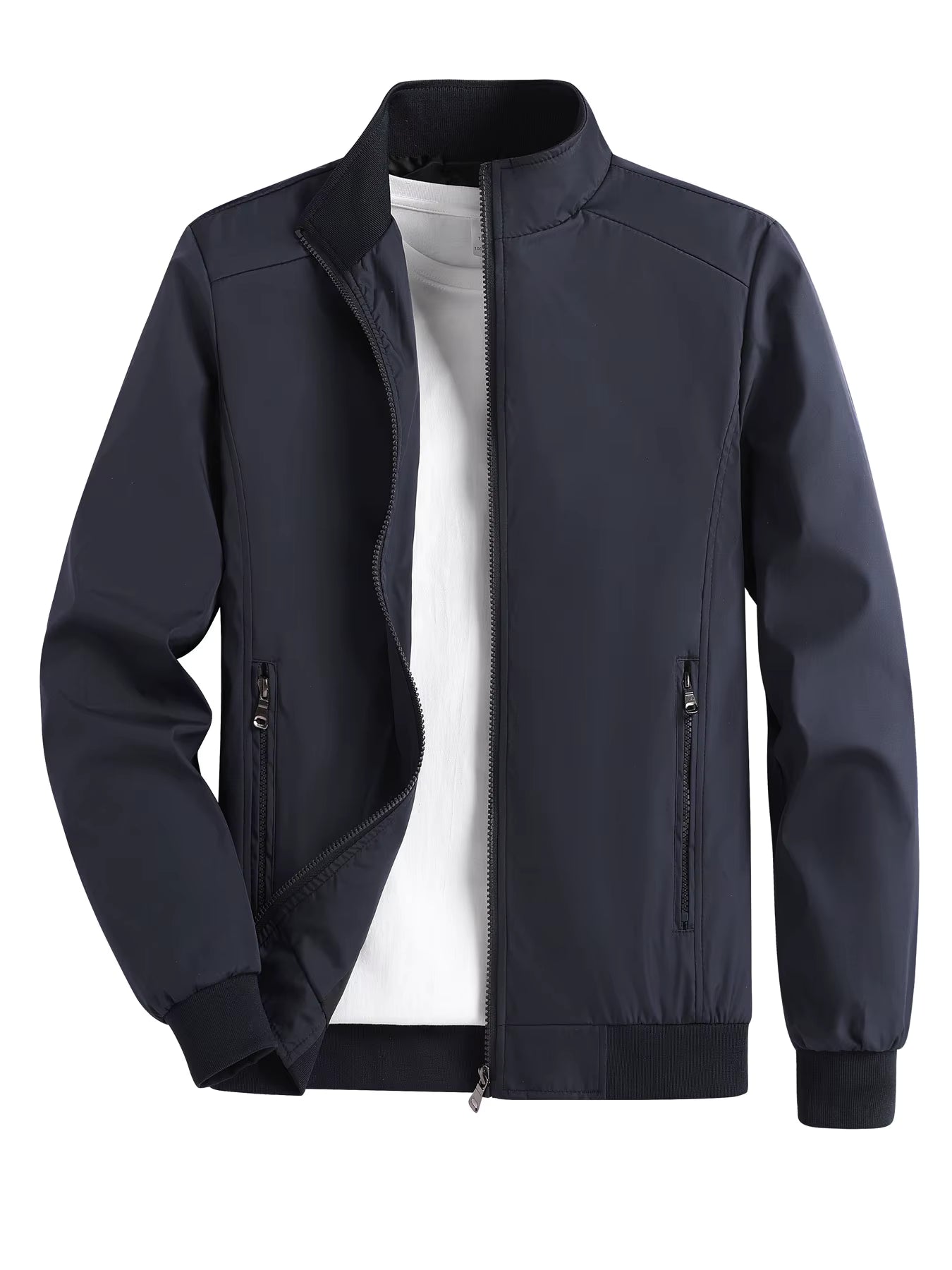 Men's Spring and Autumn Thin Casual Jacket Solid Color Stand Collar Cardigan Jacket Men's Outdoor Sports Casual Versatile Top in Navy Blue