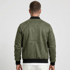 Man wearing MannerCo army green suede-blend stand collar jacket, back view on plain background