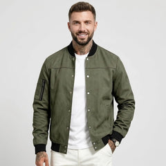 Man wearing MannerCo army green suede-blend stand collar jacket with button closure, front view
