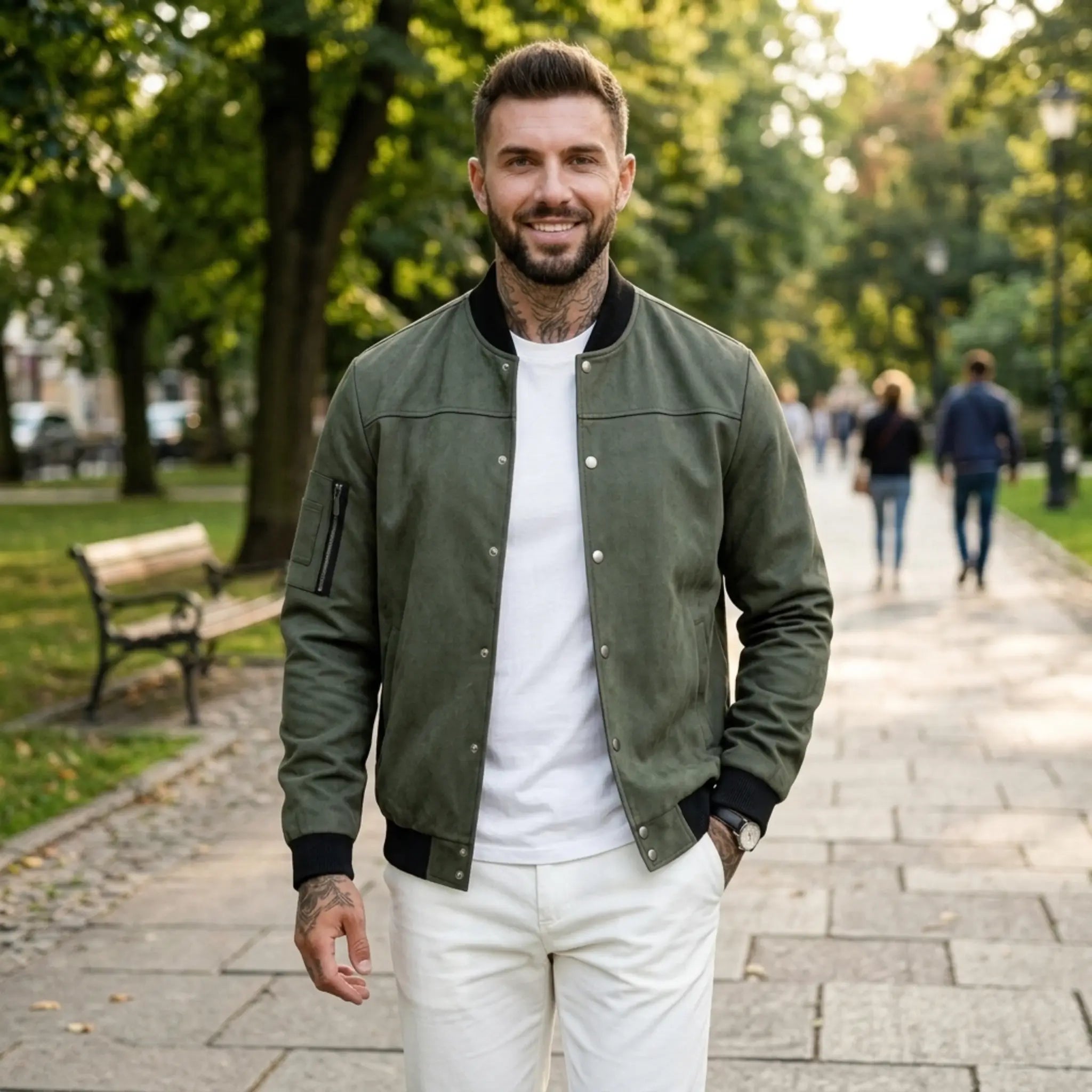 Man wearing MannerCo army green suede-blend stand collar jacket in outdoor lifestyle setting