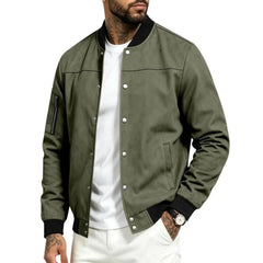 Suede-Blend Stand Collar Jacket – Sporty Casual Button-Up Coat