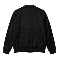 Man wearing MannerCo black suede-blend stand collar jacket in outdoor lifestyle setting