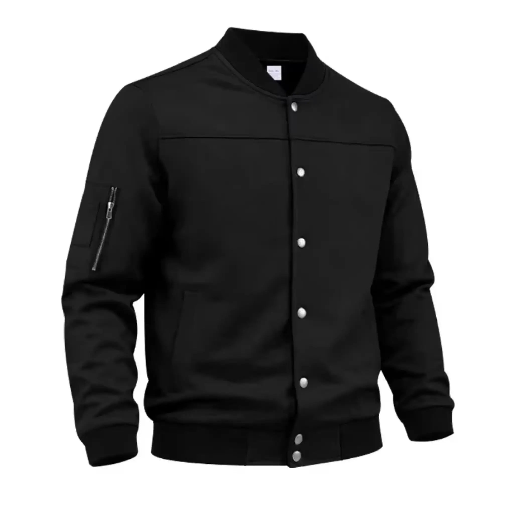 A black men's bomber jacket with a snap-button front, ribbed collar, cuffs, and hem, featuring a zippered sleeve pocket, shown on a plain white background.