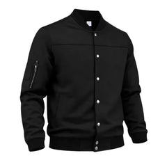 A black men's bomber jacket with a snap-button front, ribbed collar, cuffs, and hem, featuring a zippered sleeve pocket, shown on a plain white background.