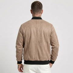 Man wearing MannerCo brown suede-blend stand collar jacket, back view on plain background