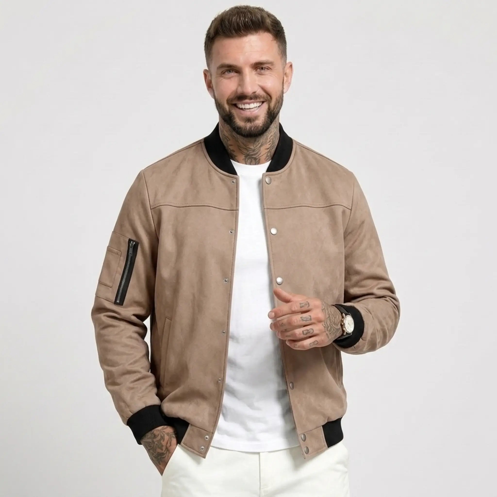 Man wearing MannerCo brown suede-blend stand collar jacket with button closure, front view