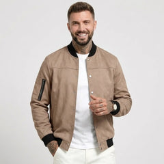 Man wearing MannerCo brown suede-blend stand collar jacket with button closure, front view