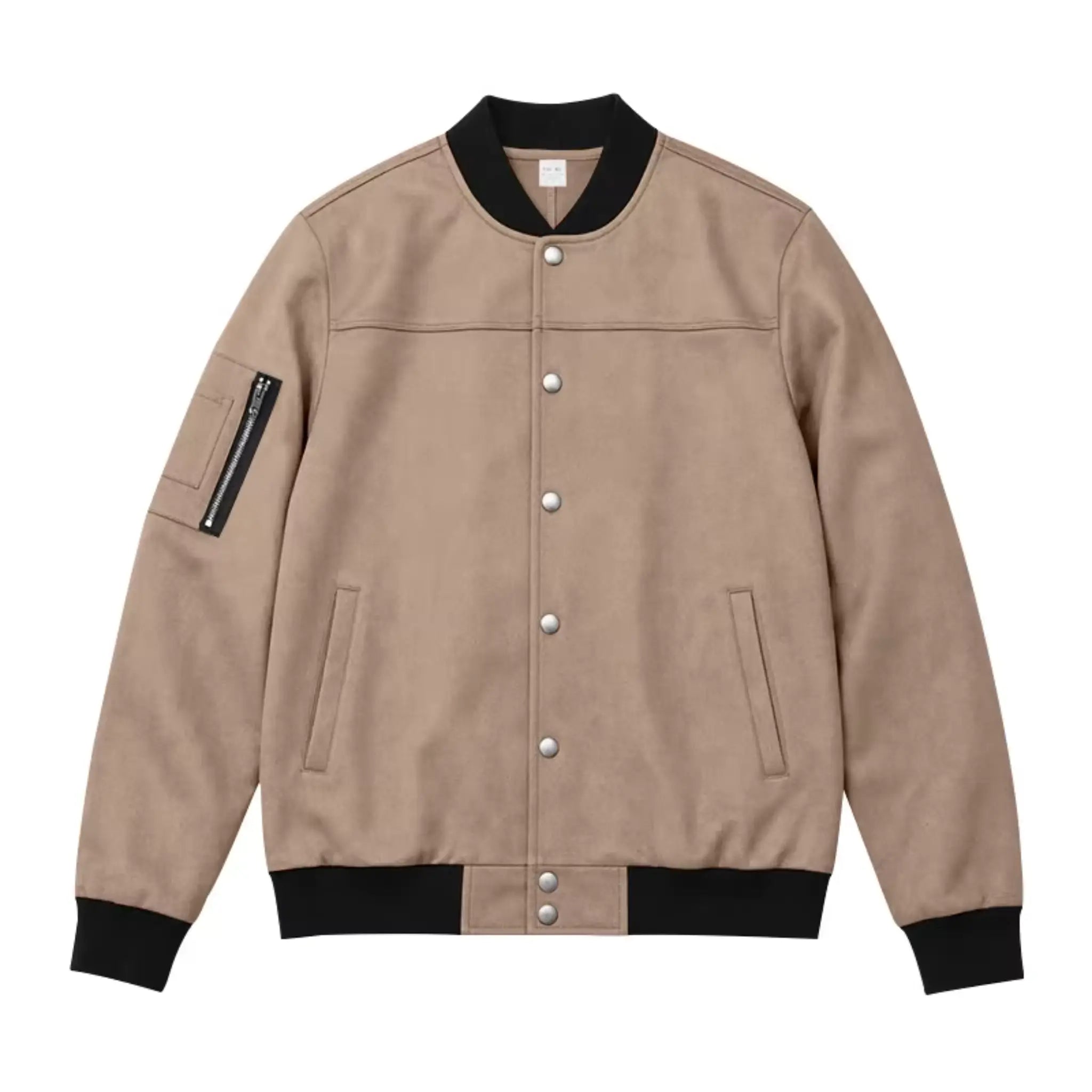 Man wearing MannerCo brown suede-blend stand collar jacket in outdoor lifestyle setting