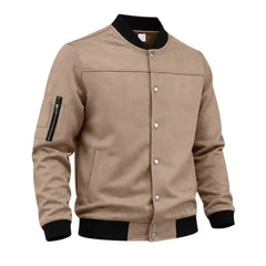 Suede-Blend Stand Collar Jacket – Sporty Casual Button-Up Coat
