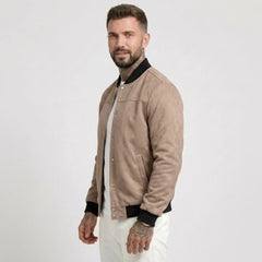 Man wearing MannerCo brown suede-blend stand collar jacket, side view on plain background