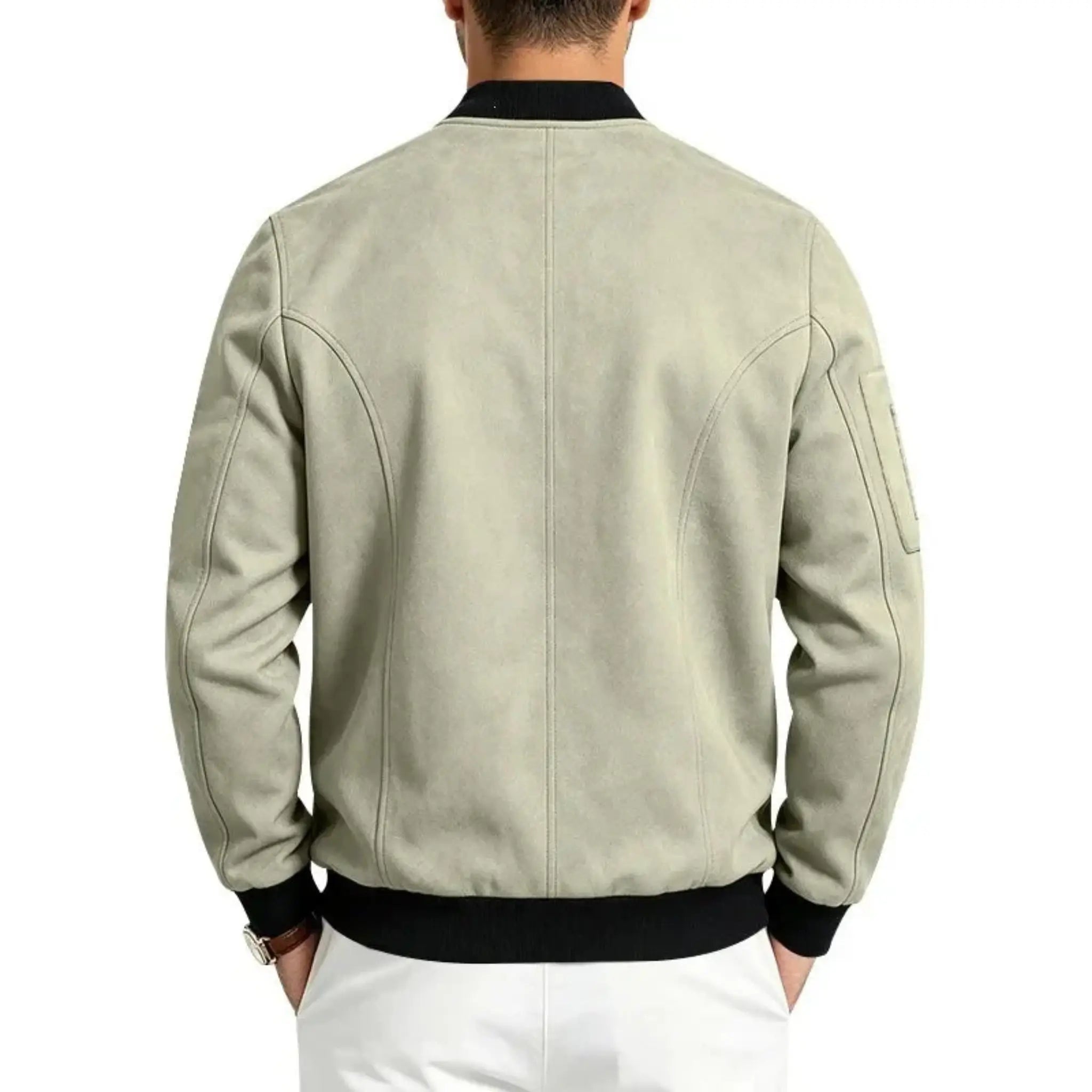 Man wearing MannerCo light green suede-blend stand collar jacket, back view on plain background