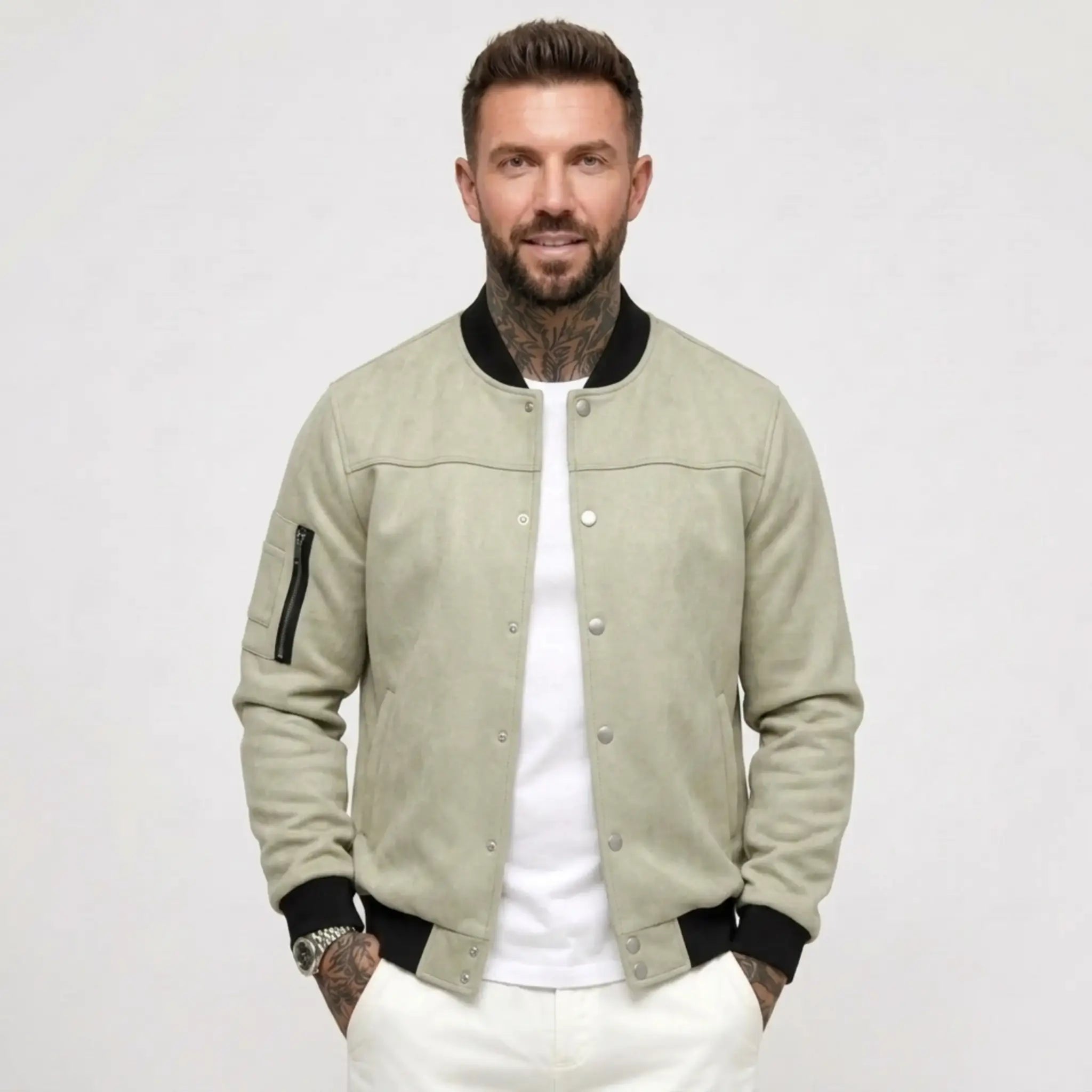 Man wearing MannerCo light green suede-blend stand collar jacket with button closure, front view