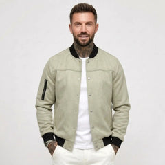 Man wearing MannerCo light green suede-blend stand collar jacket with button closure, front view