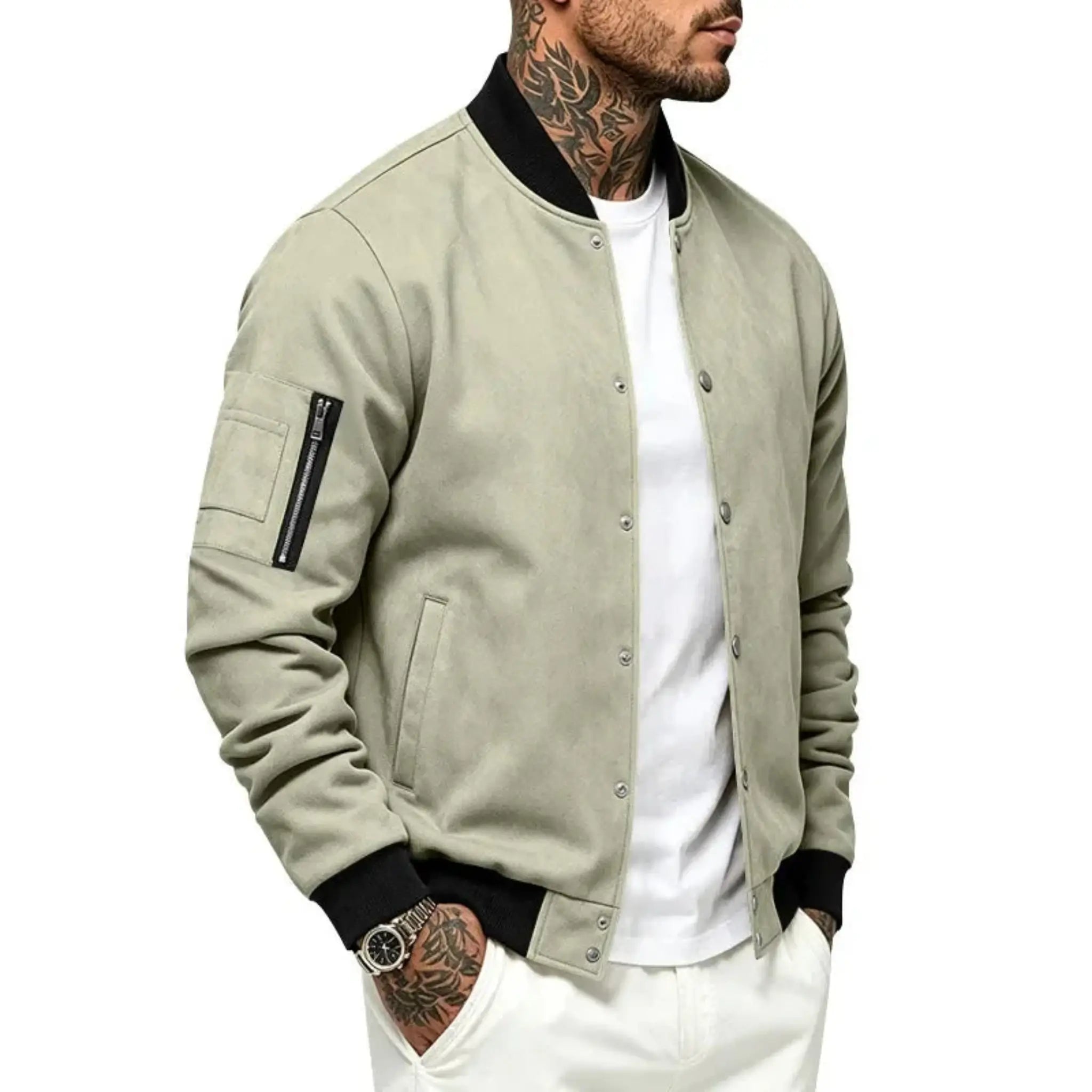 Man wearing MannerCo light green suede-blend stand collar jacket, side view on plain background