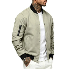 Man wearing MannerCo light green suede-blend stand collar jacket, side view on plain background