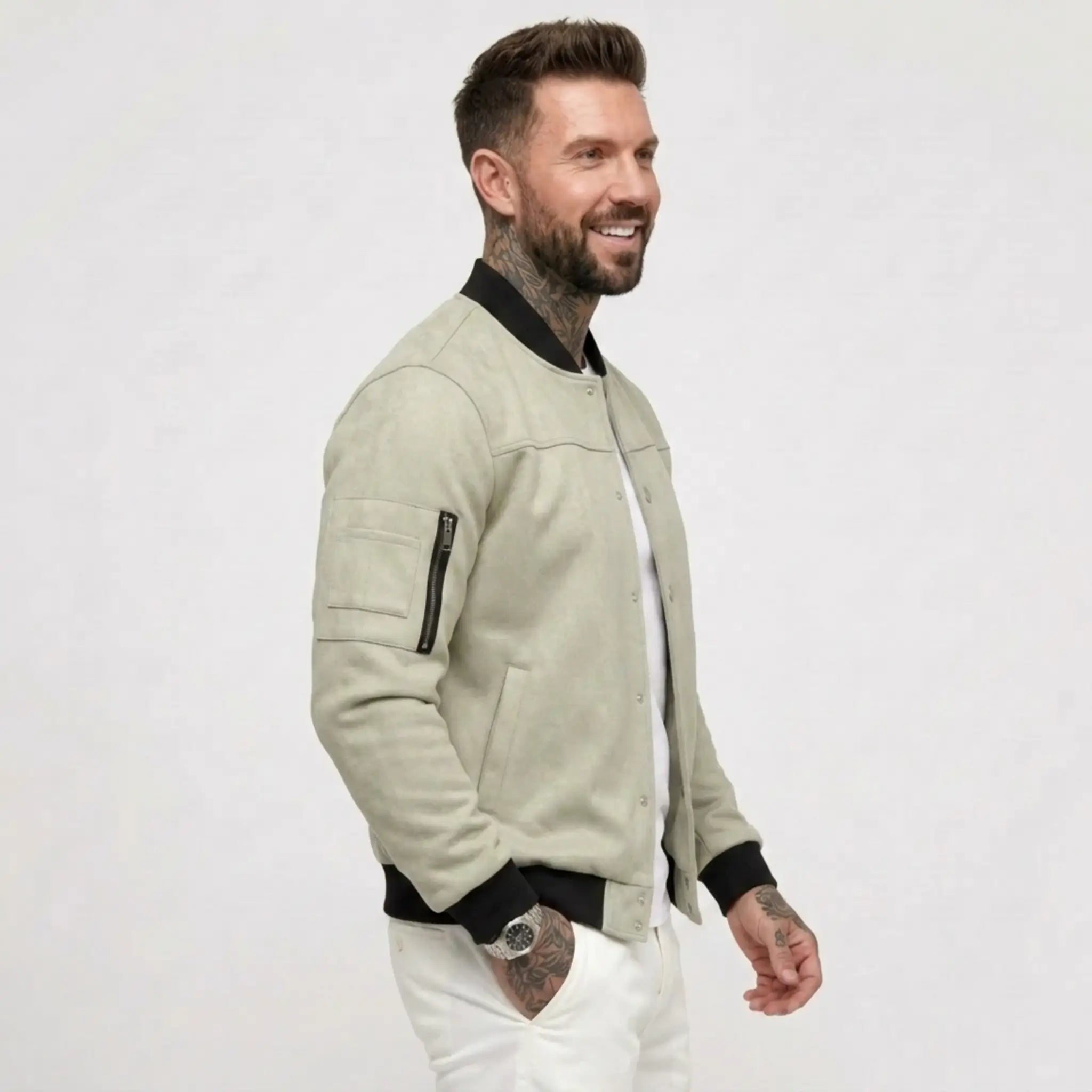 Man wearing MannerCo light green suede-blend stand collar jacket, side view on plain background