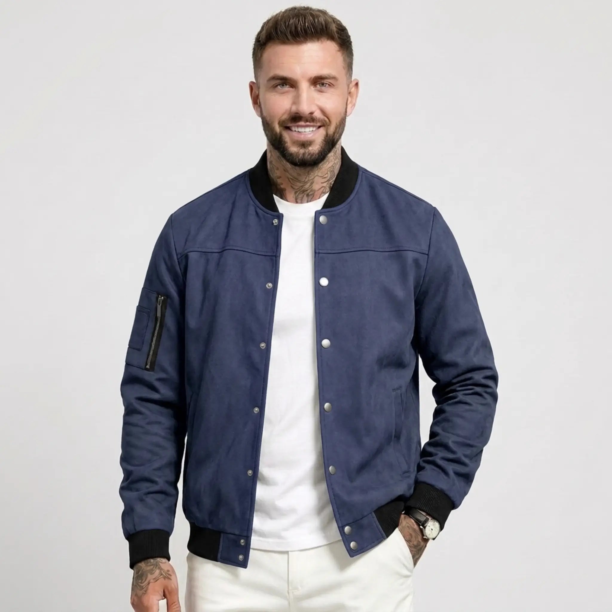 Man wearing MannerCo navy blue suede-blend stand collar jacket with button closure, front view