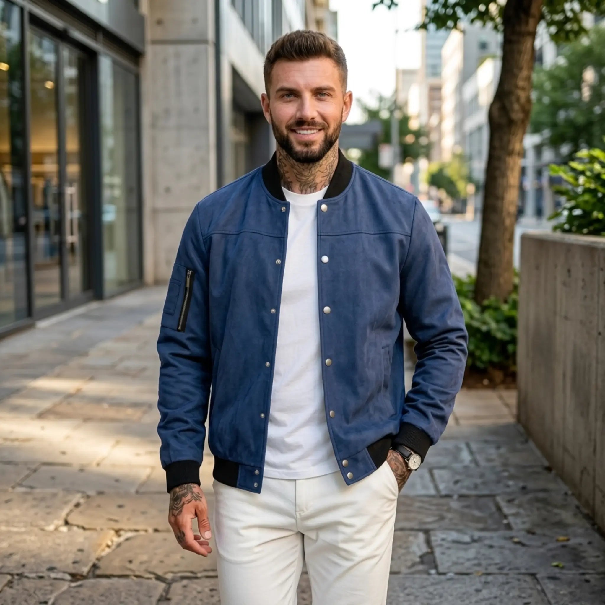 Man wearing MannerCo navy blue suede-blend stand collar jacket in outdoor lifestyle setting