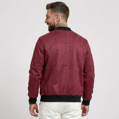 Man wearing MannerCo red suede-blend stand collar jacket, back view on plain background