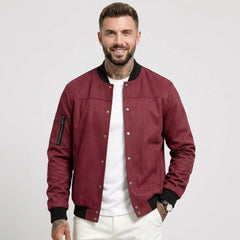 Man wearing MannerCo red suede-blend stand collar jacket with button closure, front view