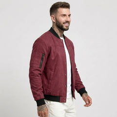 Man wearing MannerCo red suede-blend stand collar jacket, side view on plain background