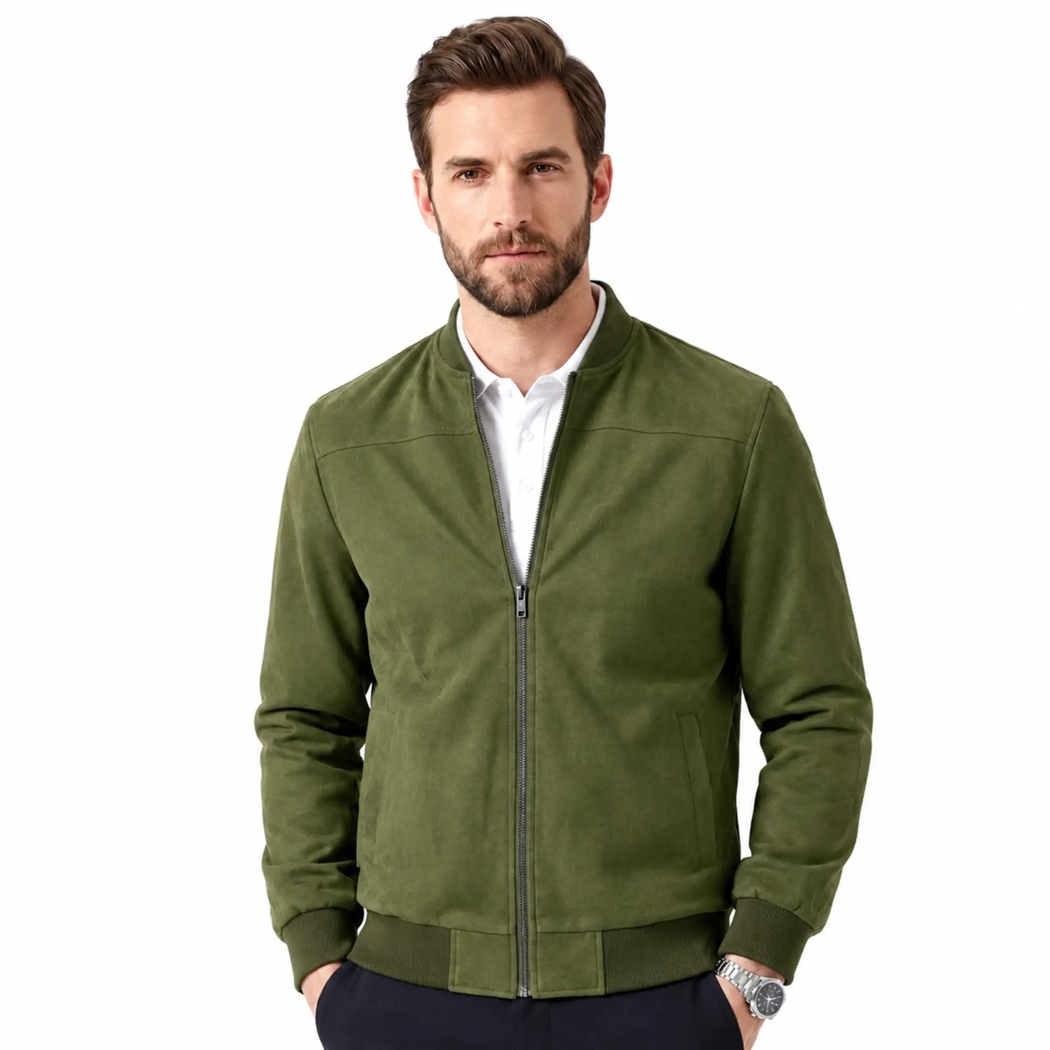 A man wearing an olive green zip-up bomber jacket over a white collared shirt, photographed against a plain white background.