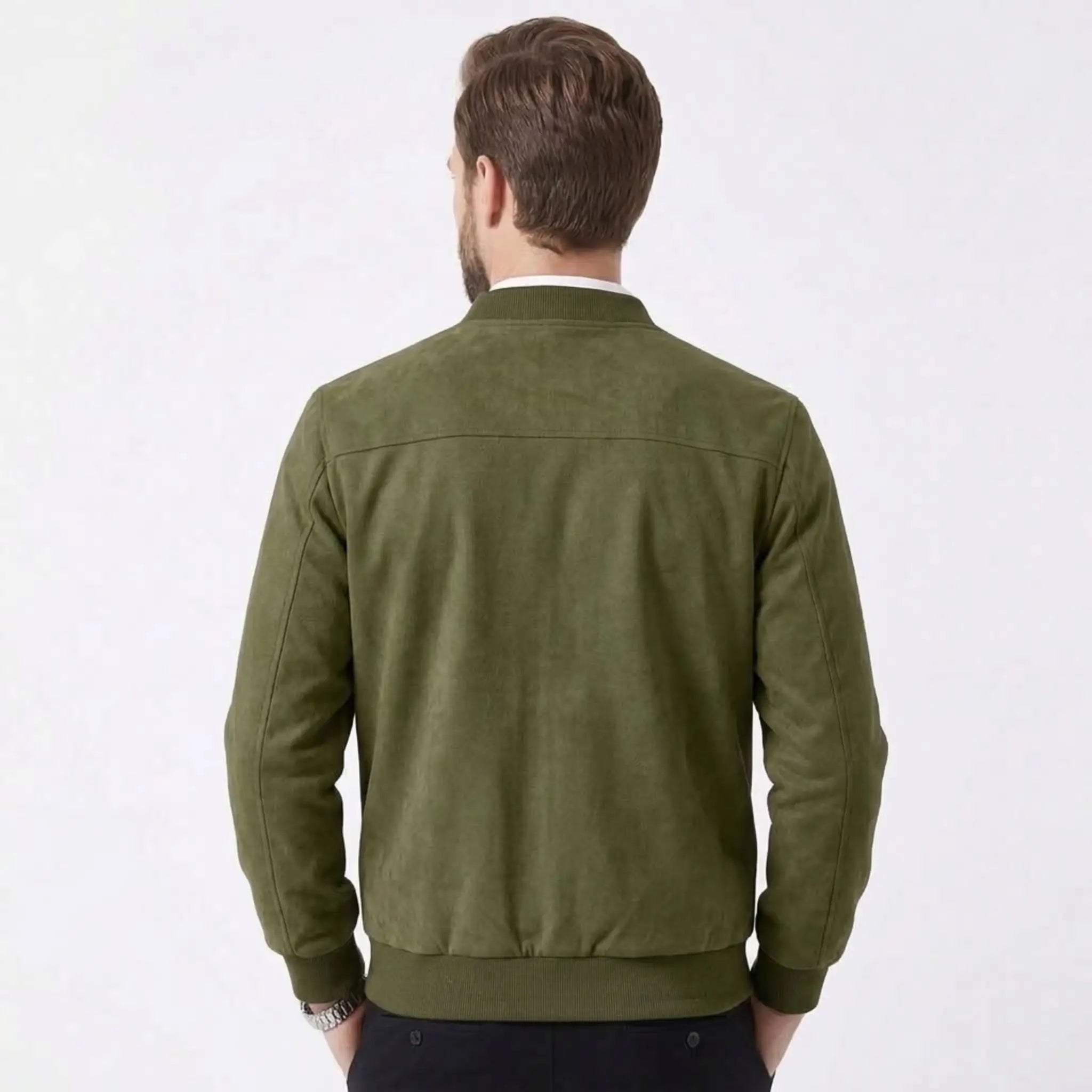 MannerCo army green suede thermal jacket back view with ribbed collar and hem on male model