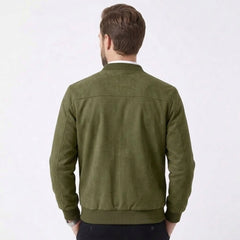 MannerCo army green suede thermal jacket back view with ribbed collar and hem on male model