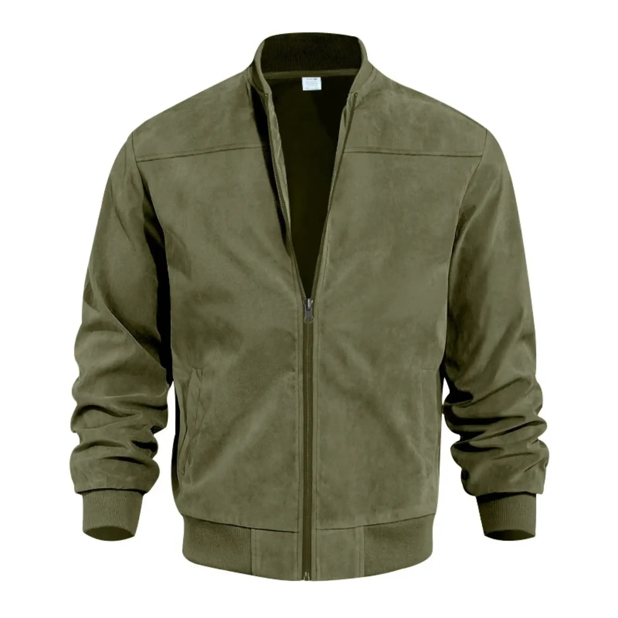 MannerCo army green suede thermal jacket with stand collar zip closure and ribbed cuffs front display