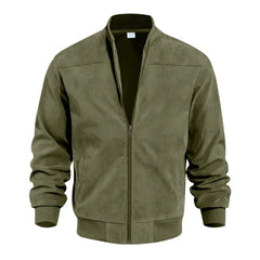 MannerCo army green suede thermal jacket with stand collar zip closure and ribbed cuffs front display