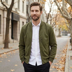MannerCo army green suede thermal jacket with stand collar and zip closure lifestyle outdoor